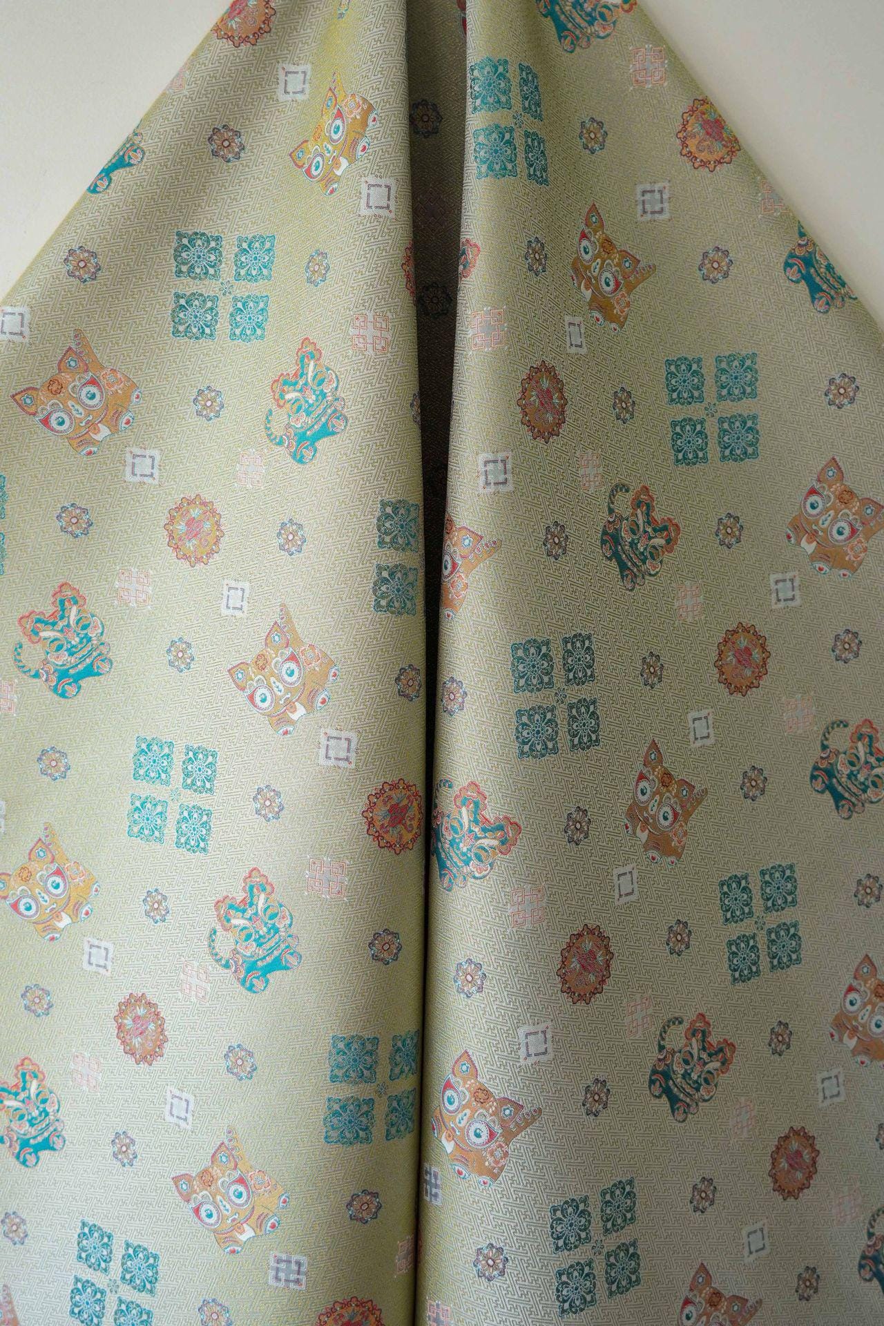 Lion Jacquard Woven Fabric: Bean Green Embossed Upholstery, 65"W