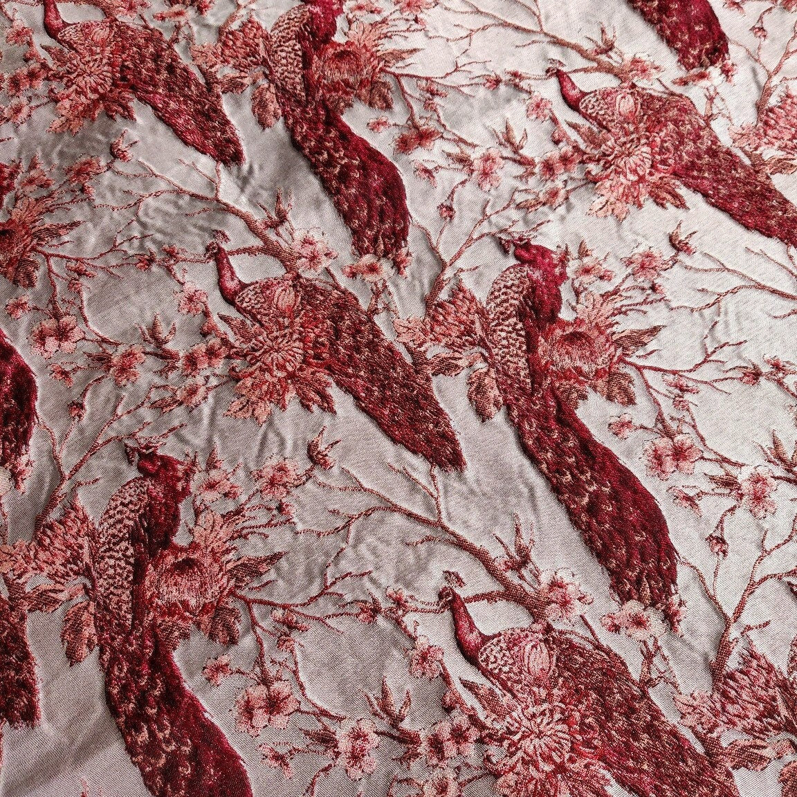Red Peacock Jacquard Fabric: Embossed Woven Upholstery, Costume, Decor - 56"W