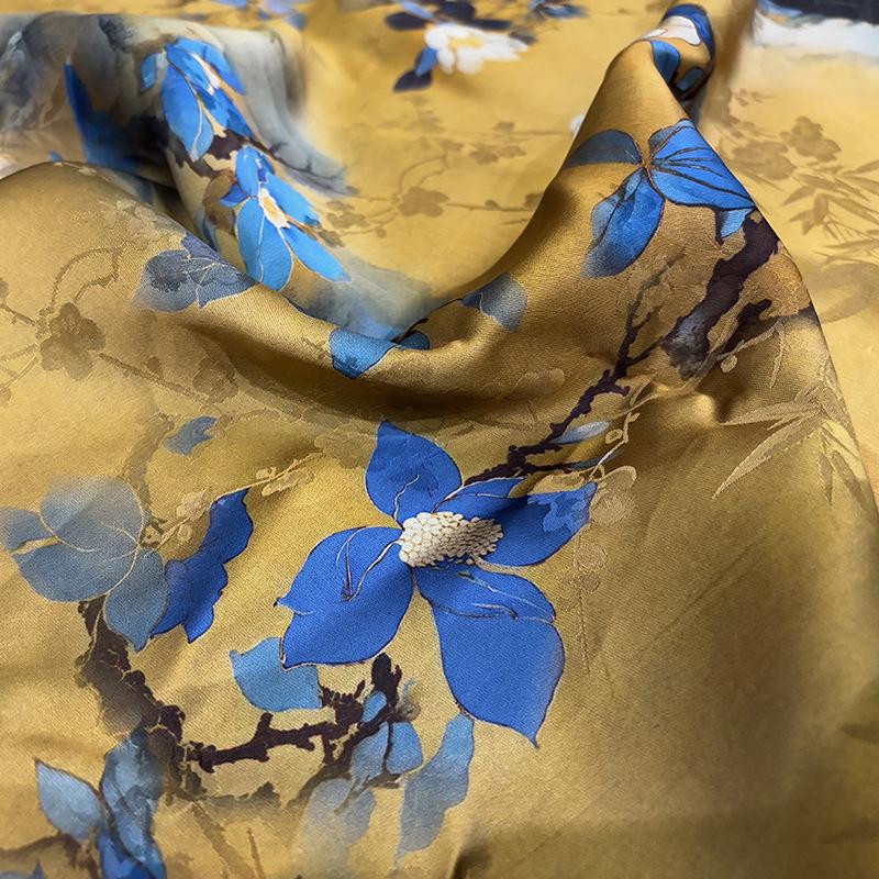 Gold & Blue Floral Tea Silk Satin Fabric: 55"W Digital Print