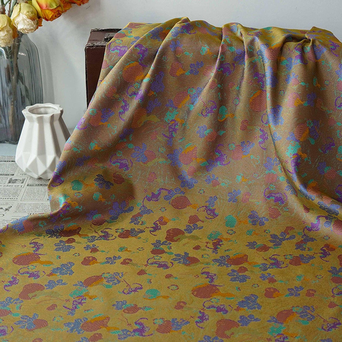Gold Accents Brocade Fabric - Gourd Jacquard, 59" Wide