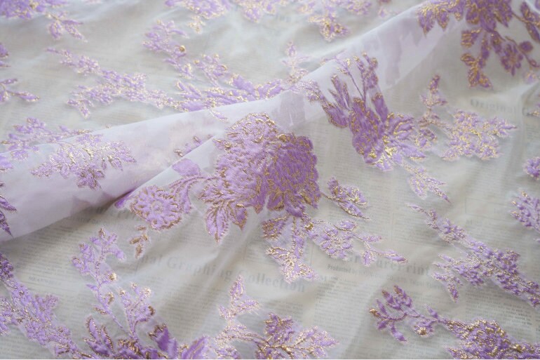 Lilac Flower Jacquard Fabric: 3D Embroidery, Costume & Decor