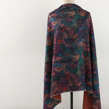 Tissu imprimé floral rouge et oiseaux : mélange de polyester soyeux et d’élasthanne, 150 cm de large