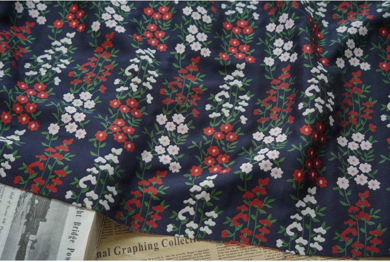 Dark Blue Floral Jacquard Fabric: Reversible Embossed Weave, 57"W