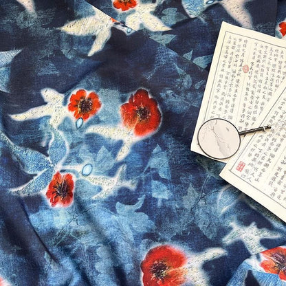 Indigo Butterfly Floral Cotton Fabric ��� Red Accent Pri" Wide