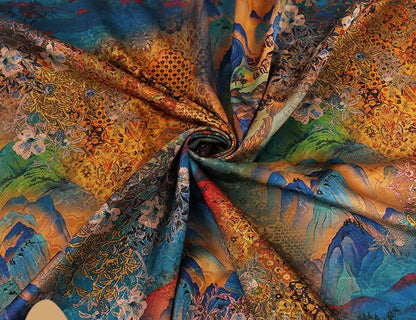 Tang Dynasty Painting Silk Fabric: 59"W Satin Upholstery, Costume, Decor - Poppylollipop