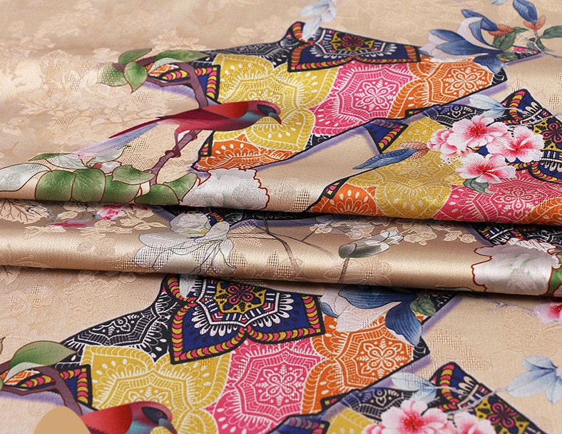 Damask Silk Fabric: Ancient Kite Pattern Print, 59" Wide