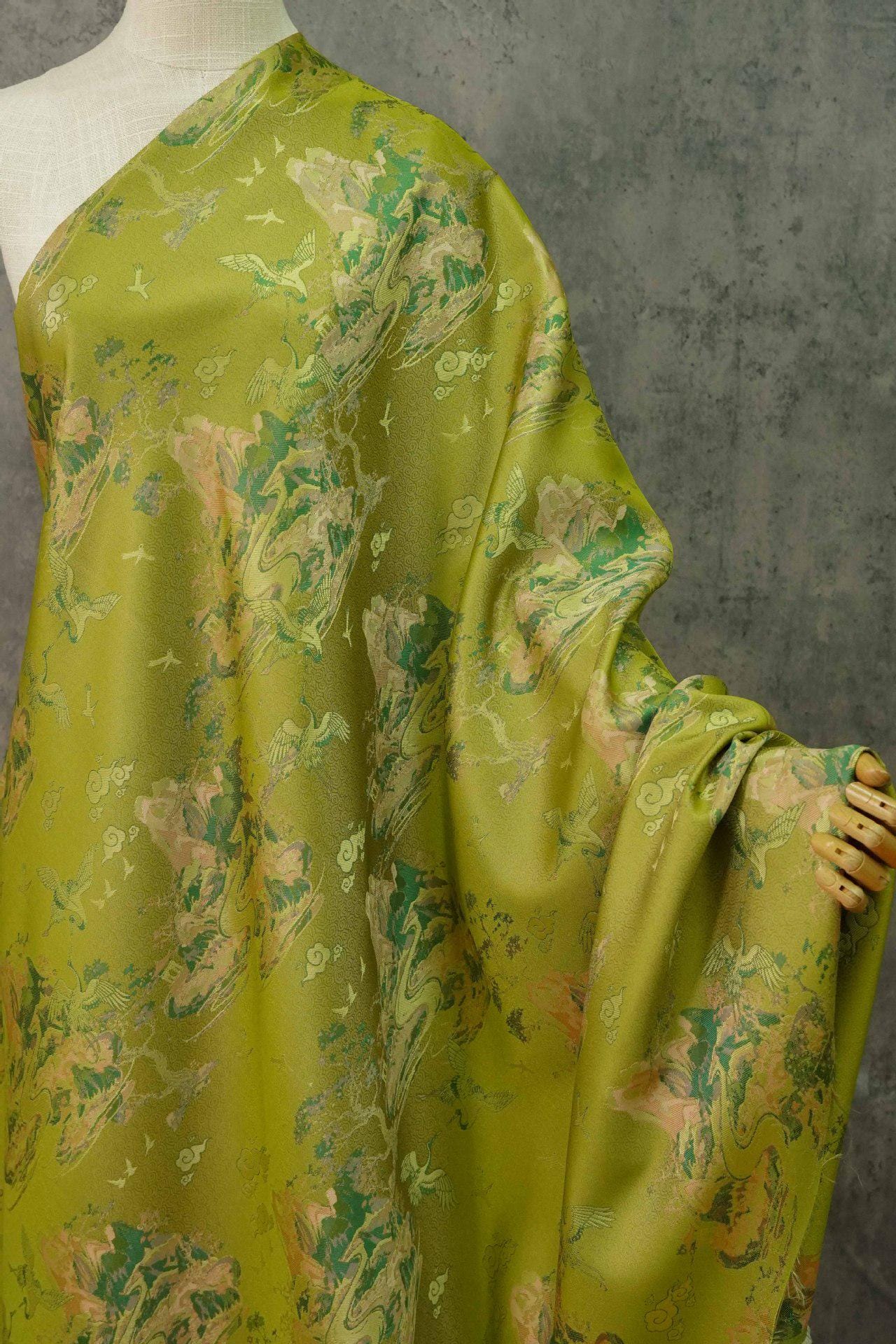 Embossed Jacquard Fabric: 3D Yellow Green Retro Upholstery, Dress, Curtain Material