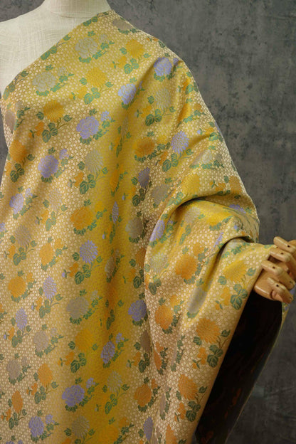 Japanese Kirin Nishijin Brocade Fabric: Yellow Floral Silk, 60" Wide