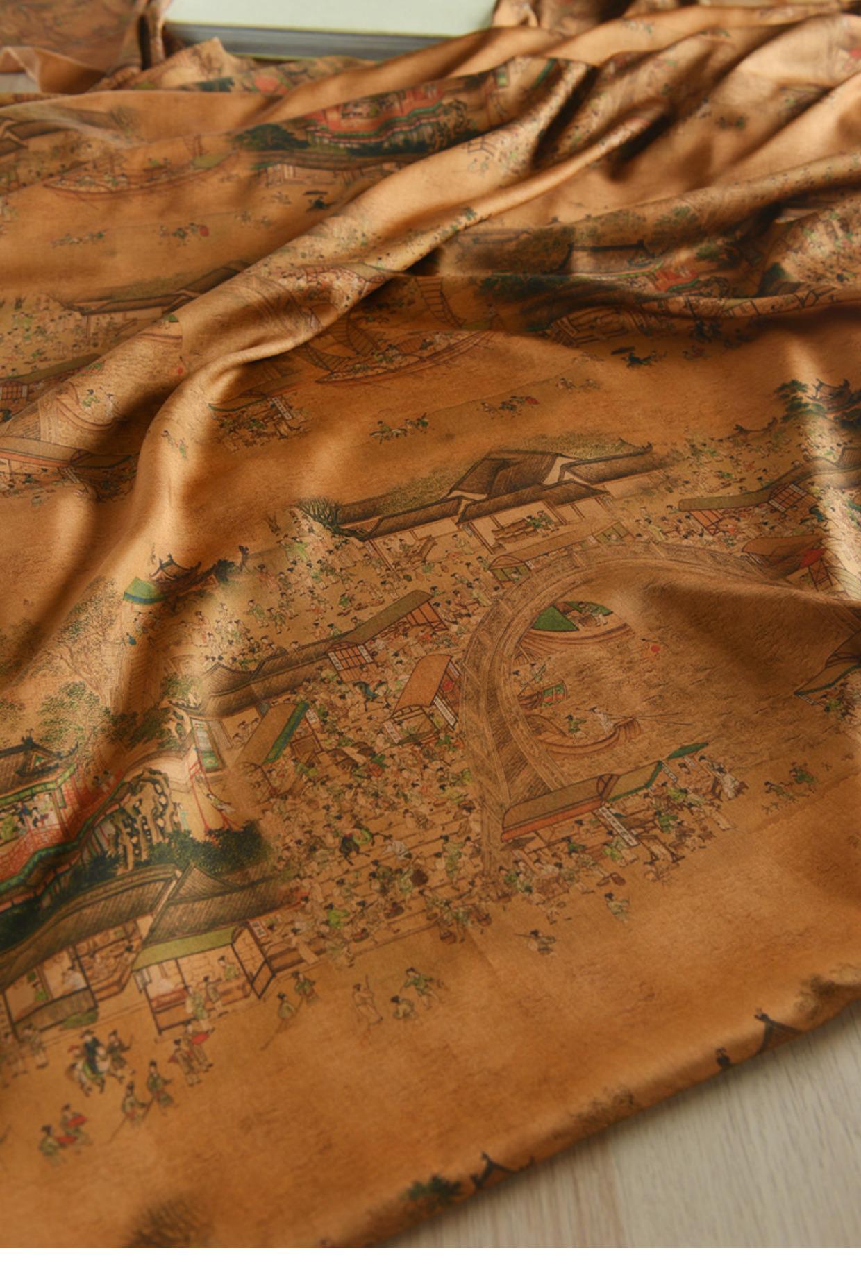 Tissu en coton pour la fête de Qingming : imprimé paysage fluvial, 140 cm de large