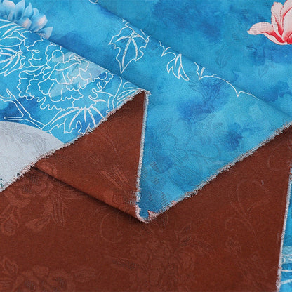 Teal Floral Tea Silk Satin Fabric: Digital Print, 59" Wide