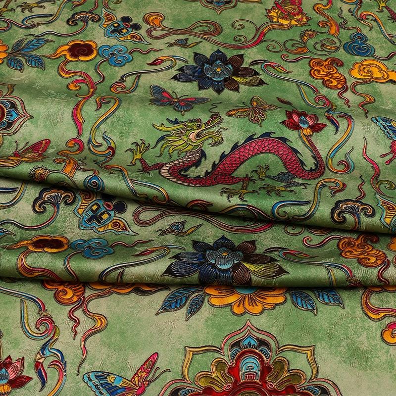 Floral Dragon Print Rayon Fabric - Gambiered Canton Gauze 59"