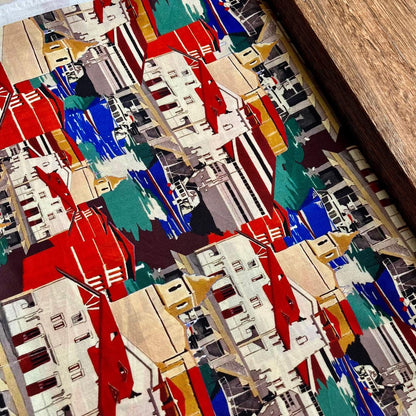 Tissu en coton des années 1960 : imprimé village côtier, 150 cm de large