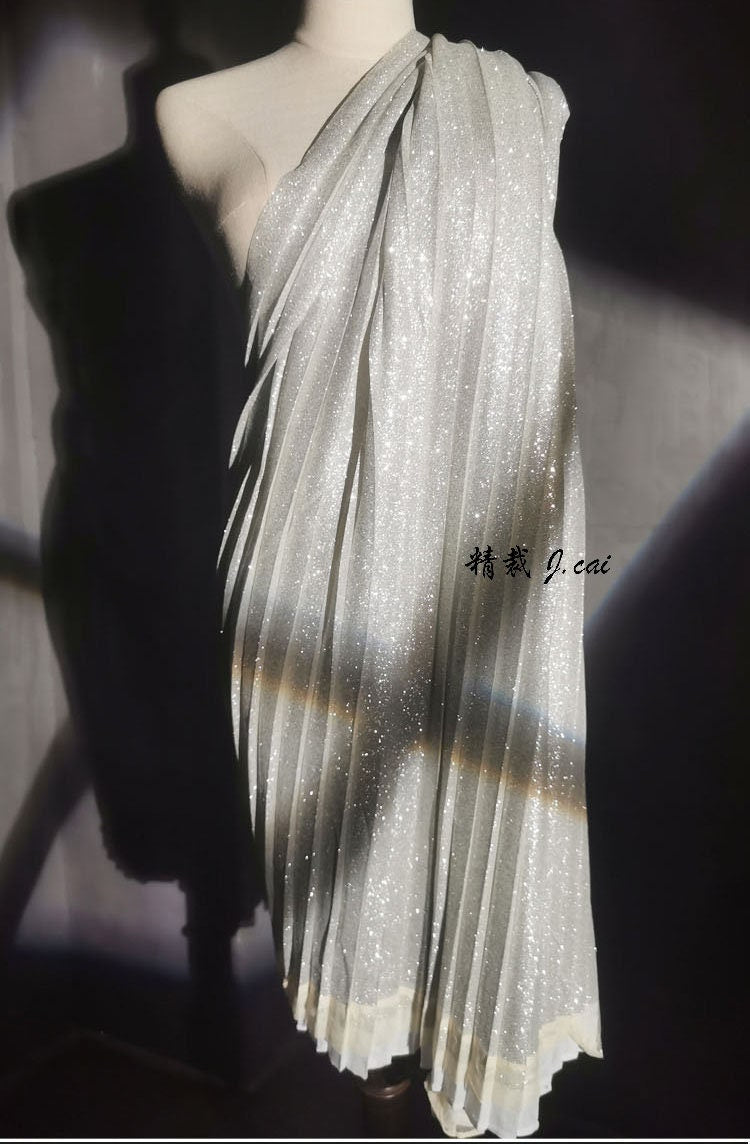 Silver Glitter Pleated Knitted Fabric: 59"W Crepe Cosplay Fabric
