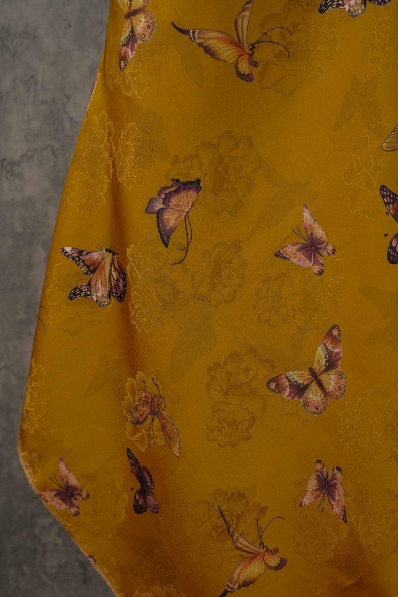 Butterfly Flower Tea Silk Satin Fabric: Digital Print (55"W)