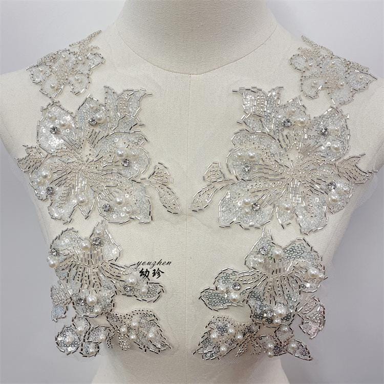 Embroidered Lace Trim: Light Ivory Bridal Wedding Veil Fabric, Sequins (By Yard)