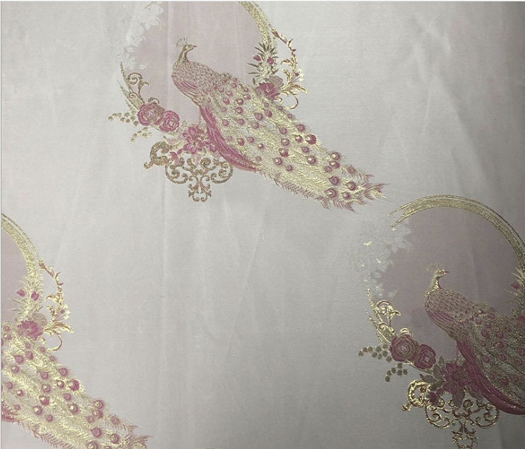 Metallic Damask Satin Fabric: 3D Peacock Jacquard, 56"W