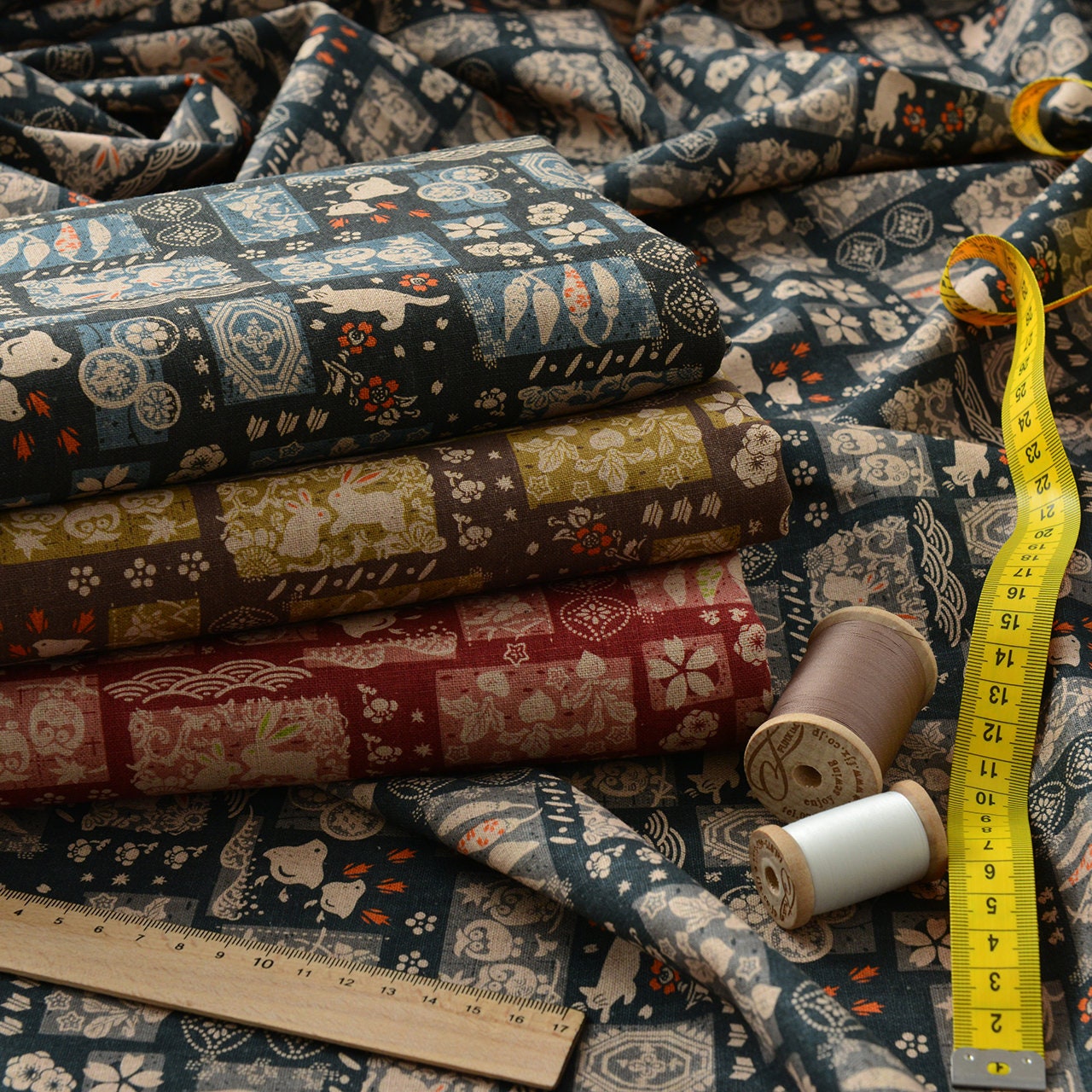 Japanese Cotton Linen Fabric: Patchwork Print for Sewing & Upholstery