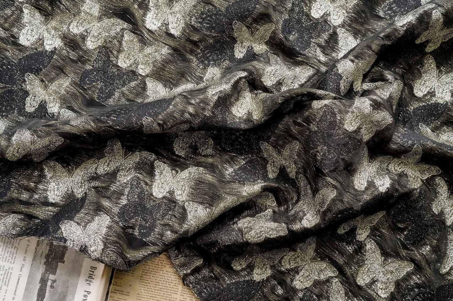 Gold Thread Butterfly Jacquard Fabric: 3D Texture, 56" Wide