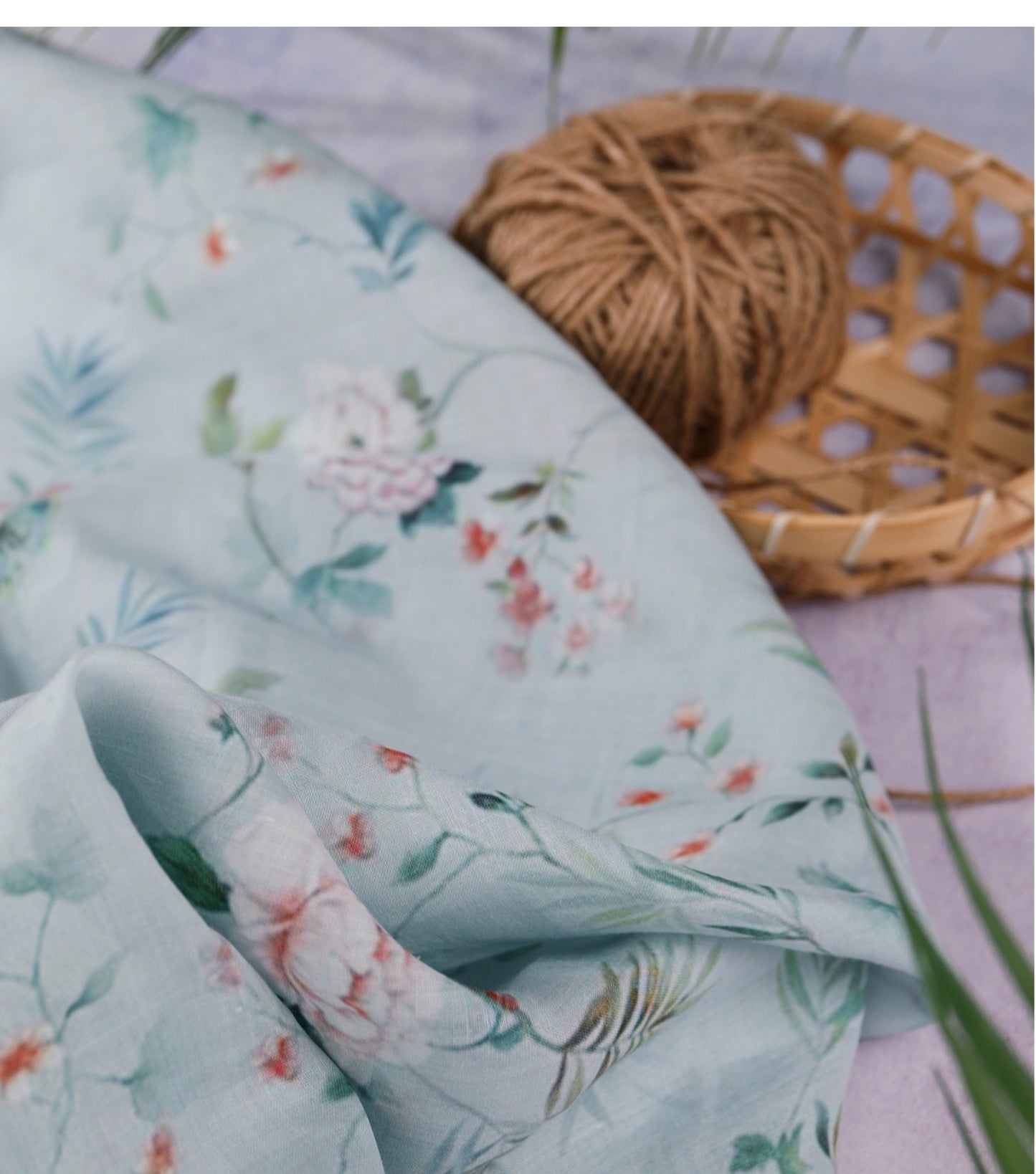 Floral Ramie Fabric: Light Blue Ink Print, 55" Wide, Natural Fiber