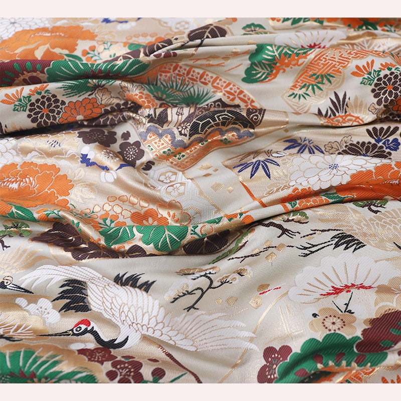 Japanese Crane Jacquard Satin Fabric: Pale Gold Bird Print, 29.5"W