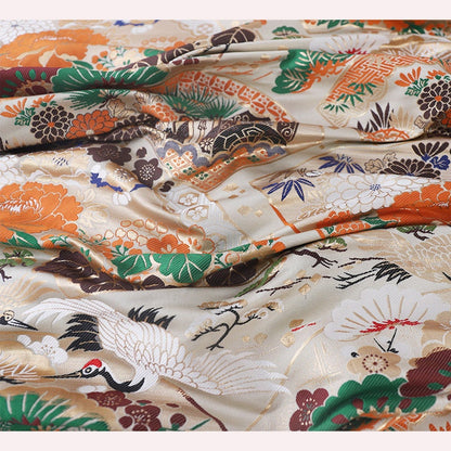 Japanese Crane Jacquard Satin Fabric: Pale Gold Bird Print, 29.5"W