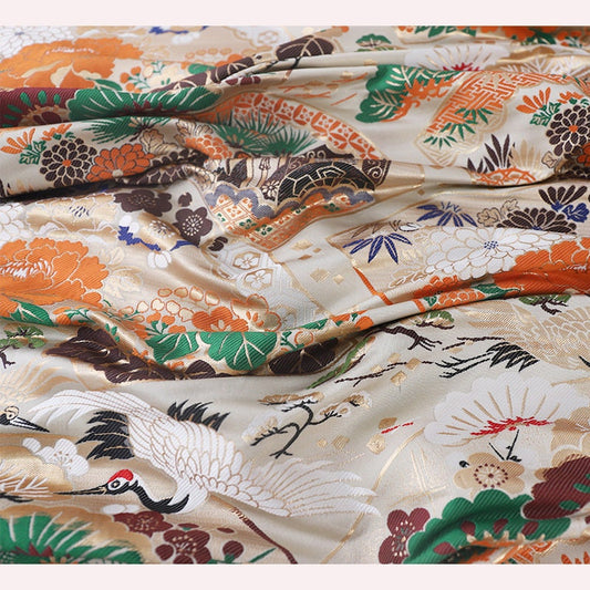 Tissu satin jacquard à motif de grues japonaises : imprimé oiseaux or pâle, 75 cm de large