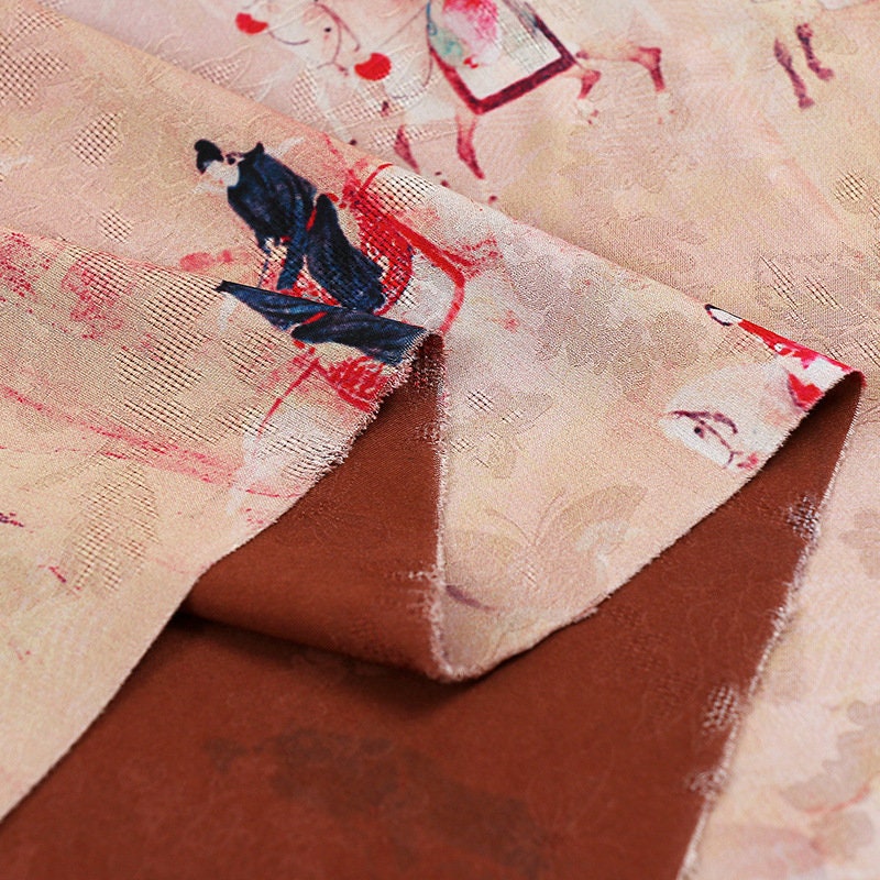 Tissu en soie à motifs de la dynastie Tang : 150 cm de large, imprimé numérique sur satin