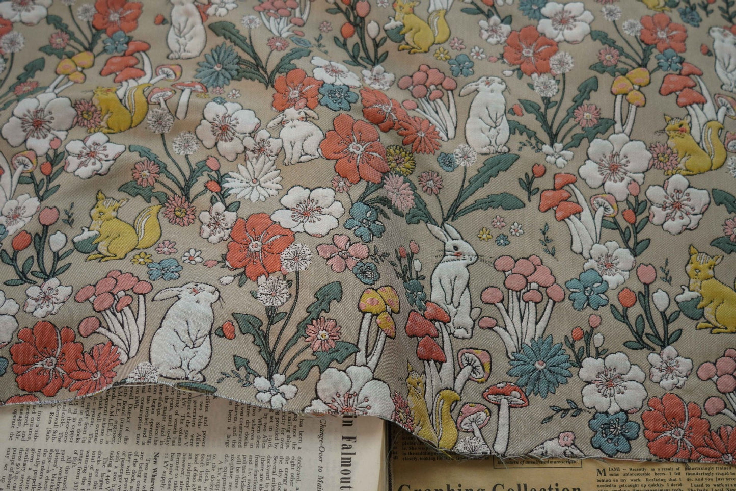 Rabbit & Mushroom Jacquard Fabric: Embossed Upholstery, 57"W