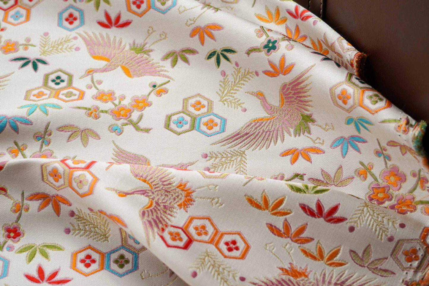Golden Crane Jacquard Fabric: Embossed Upholstery, Costume, & Decor (59"W)