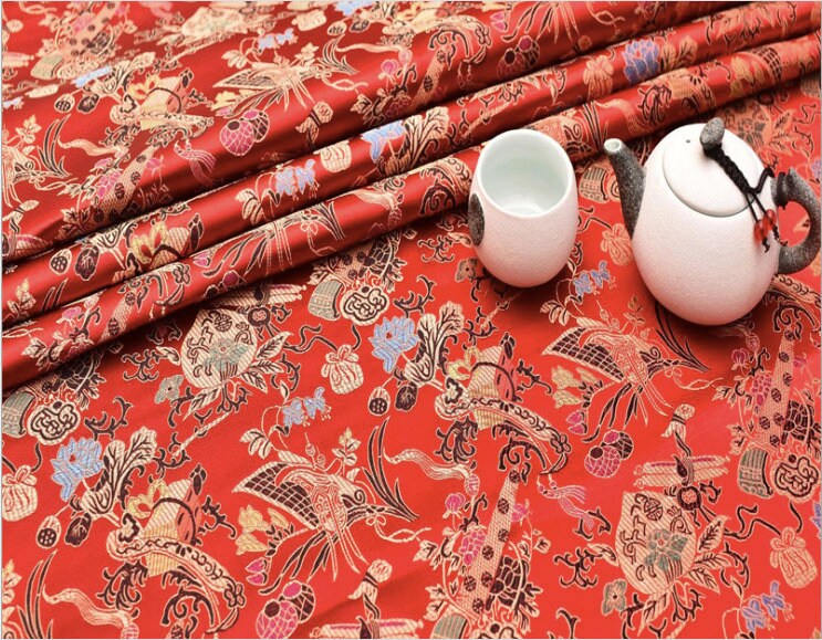 Eight Immortals Brocade Fabric: 59"W Rayon Upholstery & Sewing