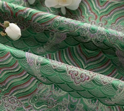 Tissu brocart de soie et rayonne à motif vagues océaniques - 150 cm de large