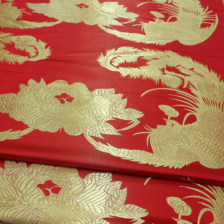 Red & Gold Phoenix Jacquard Satin Brocade Fabric - Chinese Wedding Dress Fabric By The Meter