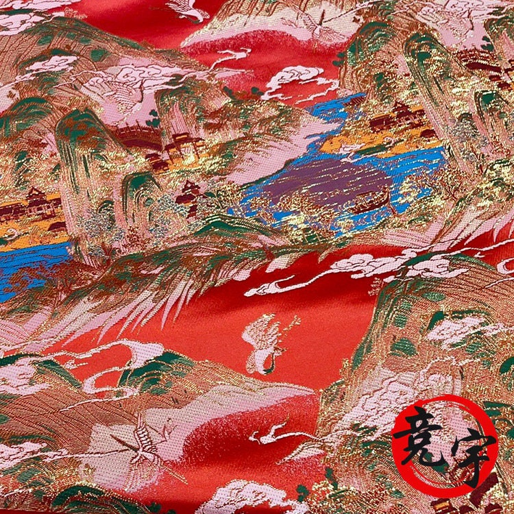 Red & Gold Chinese Brocade Fabric: Ancient Paintings Pattern (59" Wide)