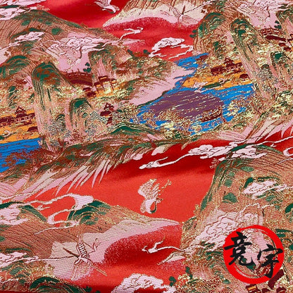 Red & Gold Chinese Brocade Fabric: Ancient Paintings Pattern (59" Wide)