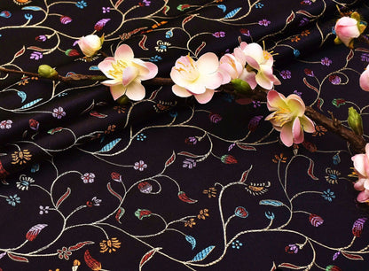 Floral Brocade Fabric: Red, Black & Navy Pepper Flower Jacquard (By The Meter)