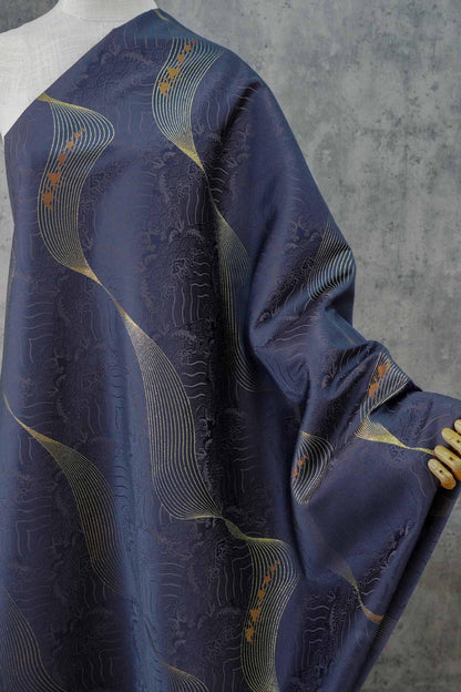 Dark Purple Jacquard Fabric: Golden Wave Pattern, Luxury Upholstery - 65"W