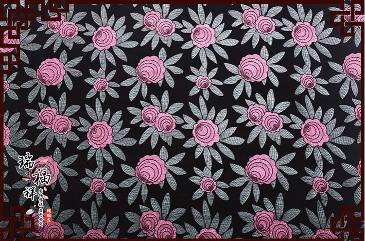 Floral Silk Brocade Fabric: Pink Roses, Black Background (By The Meter)