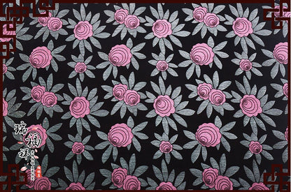 Floral Silk Brocade Fabric: Pink Roses, Black Background (By The Meter)