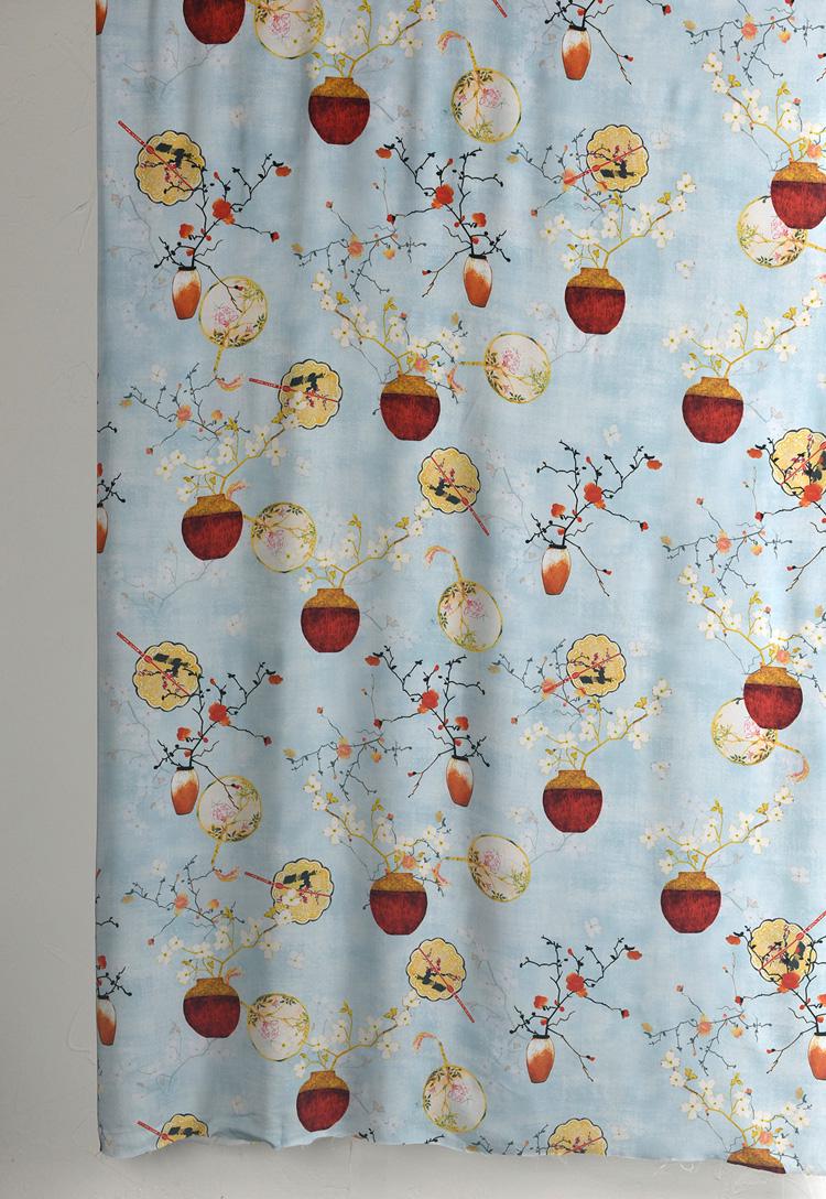 Chinese Ink Painting Cotton Fabric: Floral Drapery, Costume Sewing (55"W)