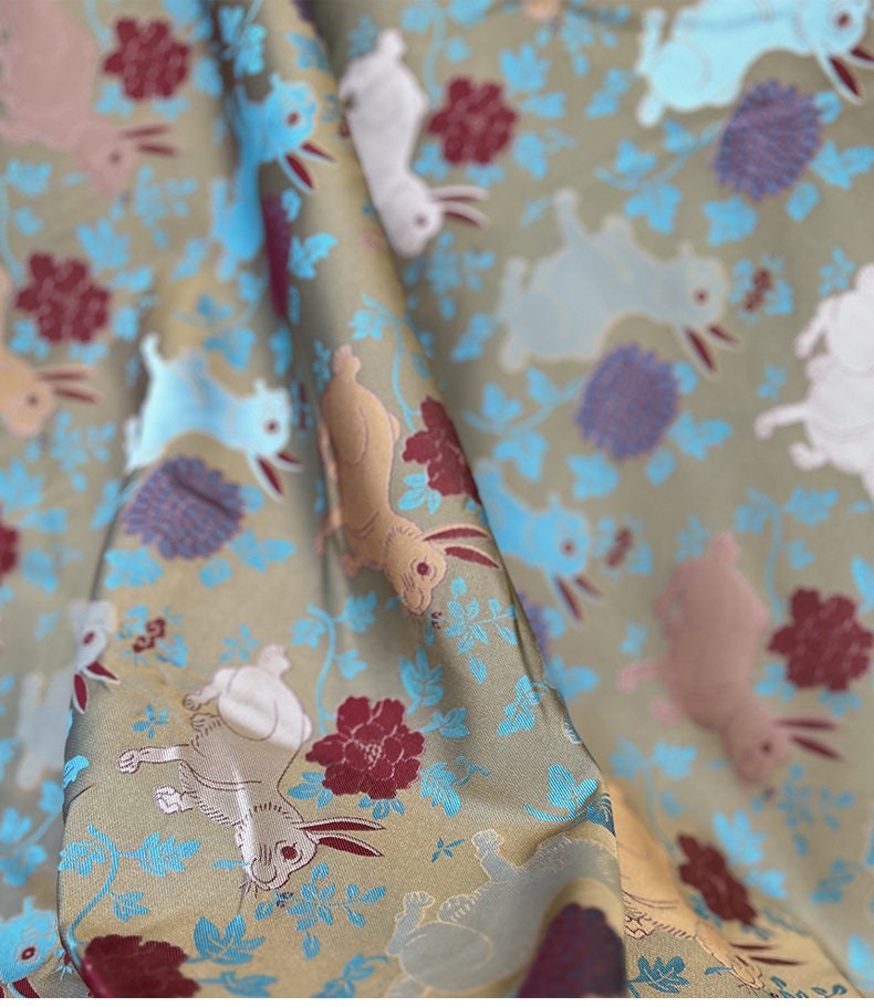 Gold Rabbit Brocade Fabric: 59"W Chinese Cheongsam Silk Rayon