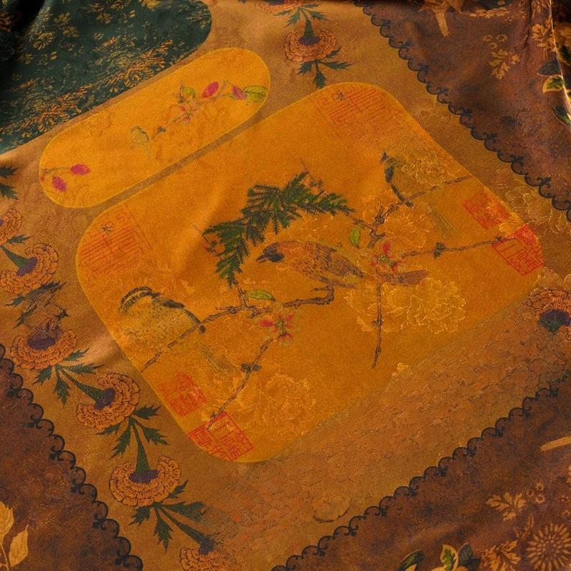 Ancient Dunhuang Tea Silk Satin Fabric: Digital Print, 59"W