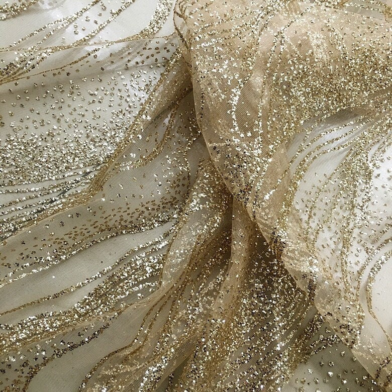 Tissu polyester effet vague brillante : voile à paillettes bronzées, 150 cm de large