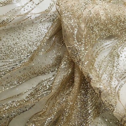 Tissu polyester effet vague brillante : voile à paillettes bronzées, 150 cm de large