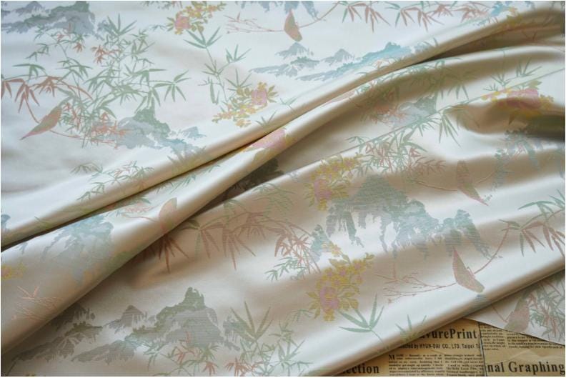 Bamboo Leaf Brocade Fabric: Japanese Bird & Butterfly Silk, 59"W