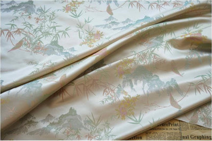 Bamboo Leaf Brocade Fabric: Japanese Bird & Butterfly Silk, 59"W