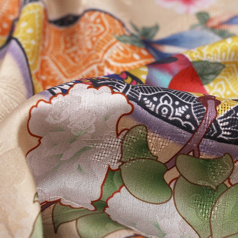 Damask Silk Fabric: Ancient Kite Pattern Print, 59" Wide