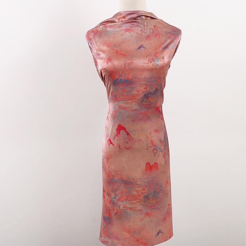 Butterfly Tea Silk Satin Fabric: Ancient Print, 59" Wide