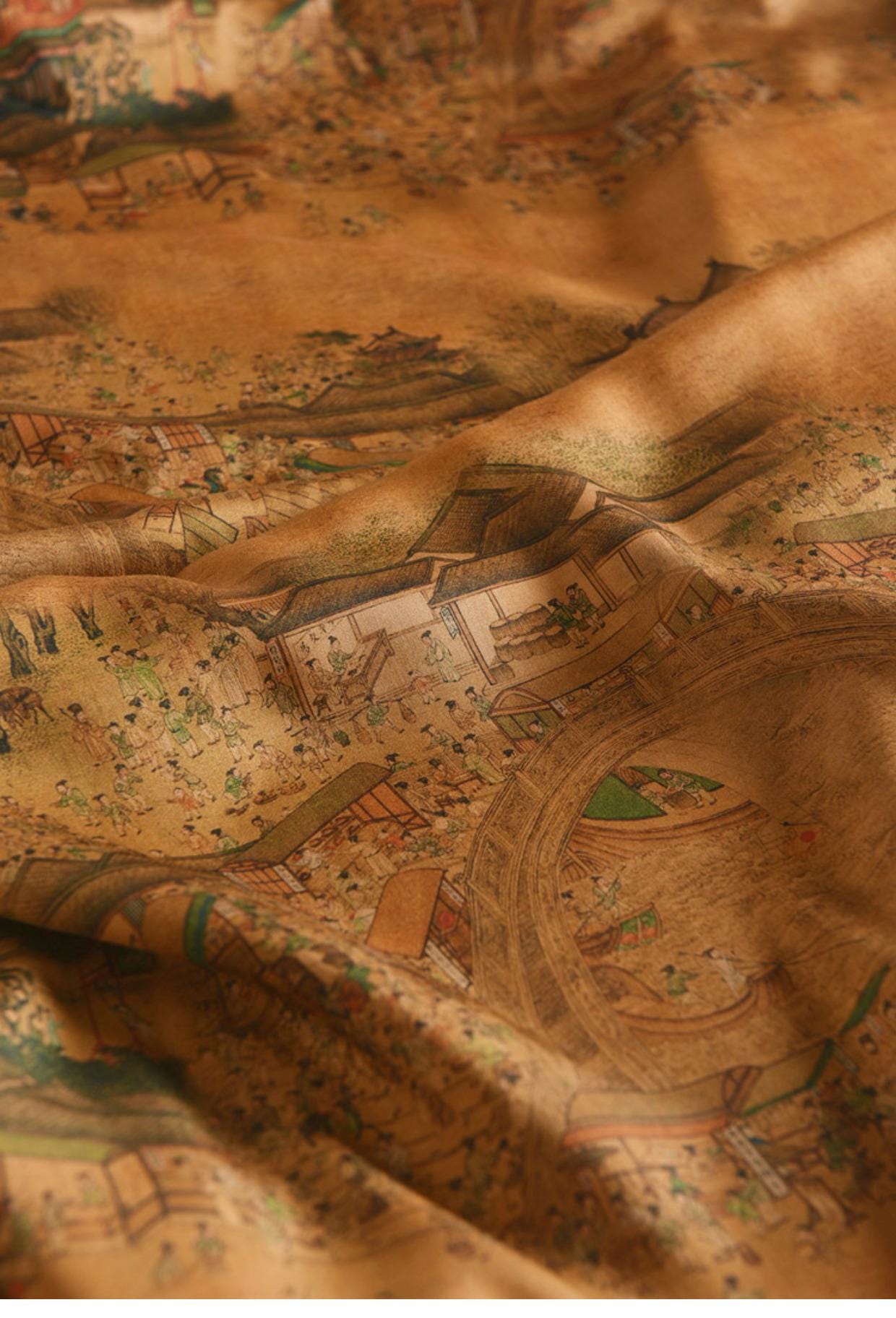 Tissu en coton pour la fête de Qingming : imprimé paysage fluvial, 140 cm de large