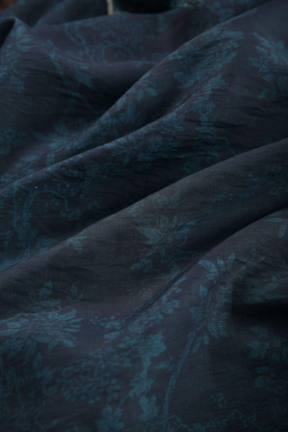 Dark Blue Floral Tencel Ramie Fabric: Sewing Material By Meter
