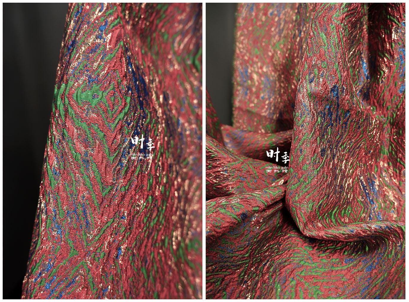 Gold Thread Jacquard Fabric: Red Blue 3D Designer Fabric (55"W By 1 Meter)